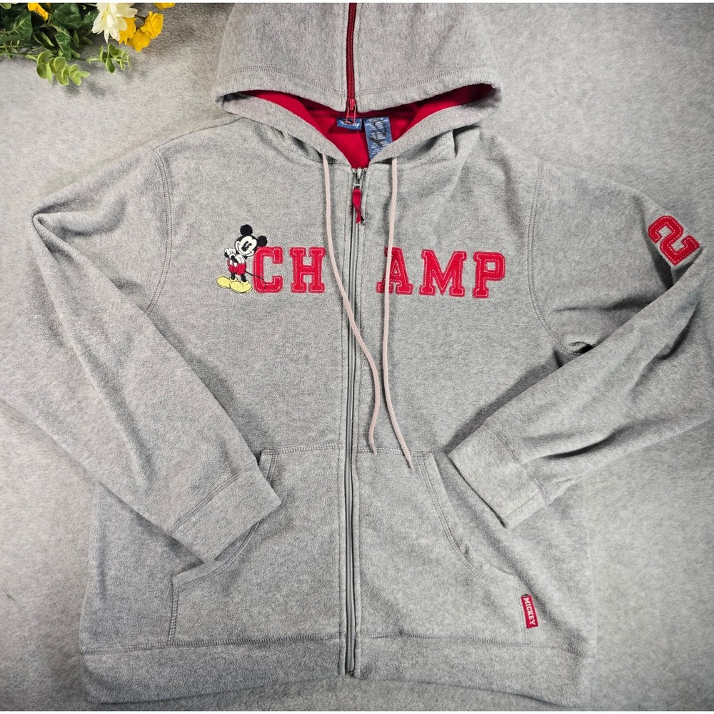 Y2K Disney Hoodie Medium Gray Mickey Mouse Champ Full Zip Fleece Sweatshirt